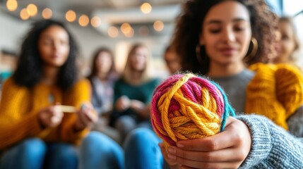 A group of women engaged in a crafting session with colorful yarn.