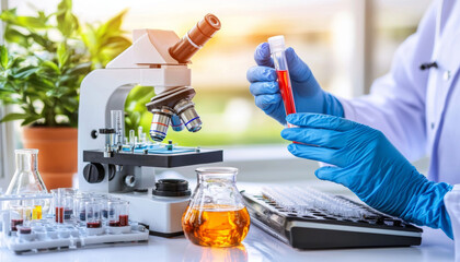 Laboratory scene with scientist in blue gloves holding test tube filled with red liquid, examining it under microscope. environment is bright and organized, showcasing various lab equipment and
