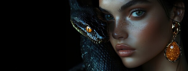 Generated imagefashion portrait featuring a woman with sleek black hair, adorned by a striking black snake wrapped around her face. She wears glowing amber earrings, contrasting against the dark backg