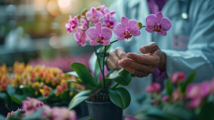 Botanist Examining Pink Orchids in Greenhouse