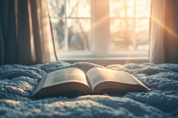 An open book on a cozy bed with soft sunlight streaming through a window in the background. 