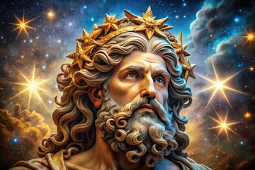 Obraz premium The Greek God of Stars emerges amidst celestial elements, radiating brilliance against a stunning stellar backdrop, embodying the majesty of the cosmos and divine illumination.