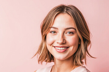 Naklejka premium woman with a warm and inviting smile, set against a soft pink background. Her facial features are gentle, with a smooth complexion and a sprinkle of light freckles