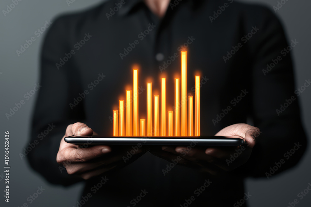 Poster a person holding a tablet displaying vibrant data visualizations in a dark environment.