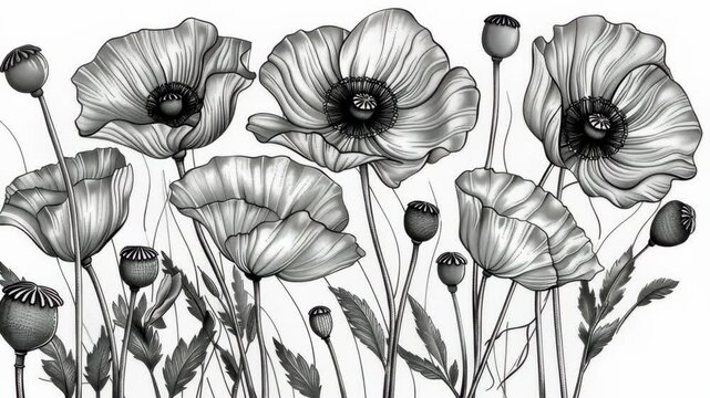 A black and white drawing of poppies in full bloom, with their delicate petals and intricate details