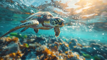 Obraz premium Graceful Sea Turtle Swimming in Clear Ocean Water
