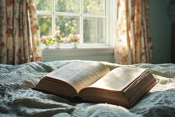 An open book on a cozy bed with soft sunlight streaming through a window in the background. 