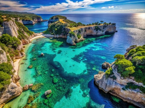 Tranquil Navarone Beach features crystalline waters and breathtaking rocky cliffs, all set beneath a vibrant blue sky, creating a perfect escape in nature's beauty.