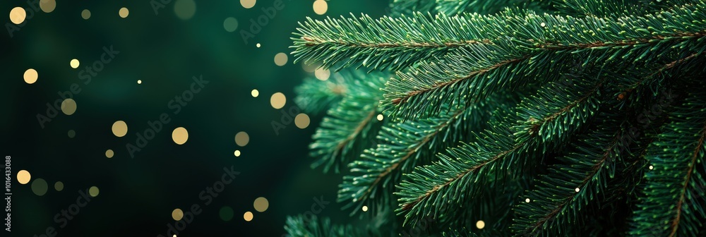 Poster close up of evergreen tree branch with twinkling lights
