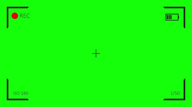 Camera viewfinder with blinking rec icon. Camera recording screen on green background 4k