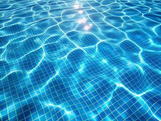 close up view of blue pool, showcasing shimmering water surface and grid pattern beneath. sunlight reflects beautifully, creating serene and inviting atmosphere