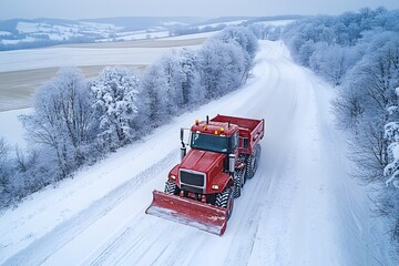 aerial view of a snow removal machine clearing a winding rural road