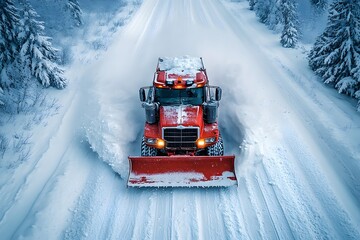 Aerial view of a snowplow clearing after a heavy snowfall