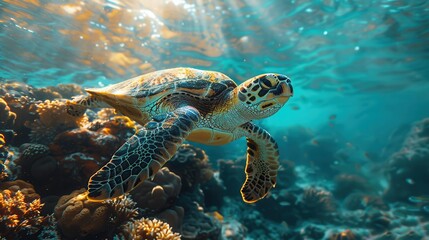 Obraz premium Graceful Sea Turtle Swimming in Vibrant Coral Reef