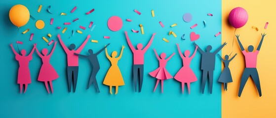 A vibrant celebration scene with colorful paper-cut figures raising hands, confetti, and playful balloons in a lively atmosphere.