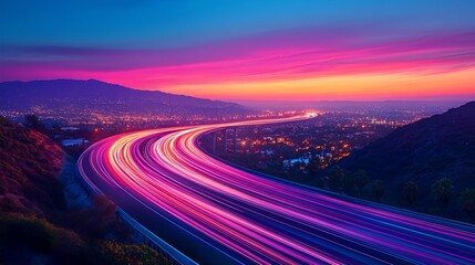 A vibrant sunset illuminates a winding highway, with streaks of light from vehicles creating a dynamic and colorful scene.