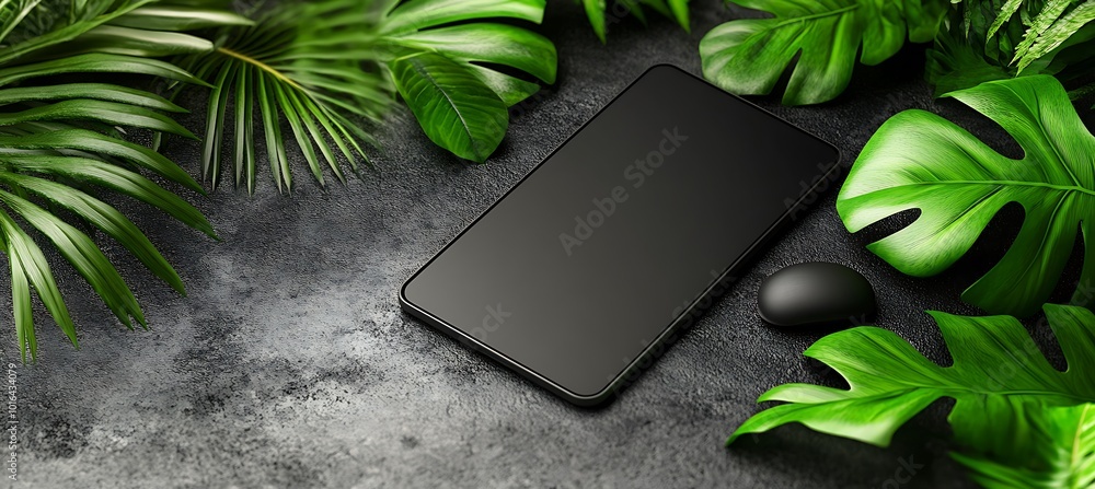 Poster a sleek new tablet on a minimalistic background with space for text below