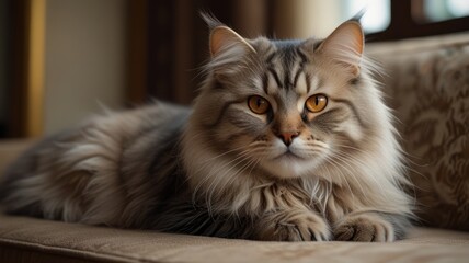 A fluffy grey and brown tabby cat with bright yellow eyes sits on a couch and stares directly at the camera.