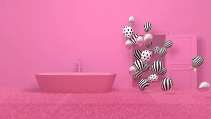 Fotobehang Fluor Roze Meadow in the room. 3D illustration, 3D rendering    © wichuda