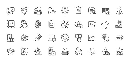 Ethics, Idea and Web3 line icons pack. AI, Question and Answer, Map pin icons. Breathing exercise, Instruction manual, Windmill turbine web icon. Vector