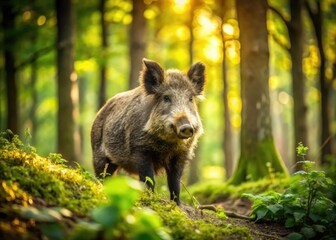 Wild Boar Approaching in Nature with Rule of Thirds Composition
