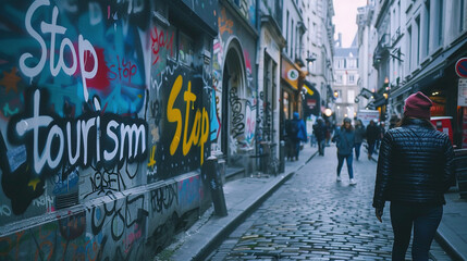 Fototapeta premium Stop tourism spray painted grafitti on a wall in a european city. Anti tourism concept