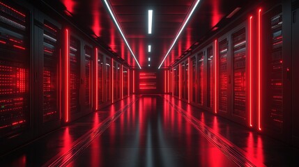 Fototapeta premium Futuristic server data center with red neon lights