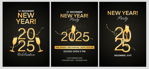 New Year 2025 event design templates. Elegant and modern style. Golden 2025 numbers and champagne glasses. Vector illustration.