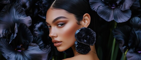close-up portrait of a woman with striking blue eyes, wearing dramatic black gemstone earrings. She is framed by deep purple-black irises, creating an intense contrast of beauty and nature.