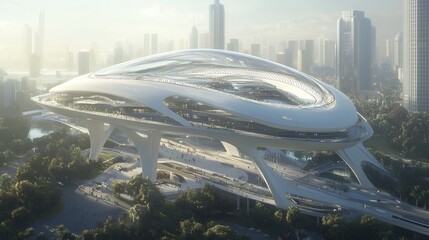 Fototapeta premium Futuristic Transportation Hub: Photorealistic Architectural Wonder in Urban Setting