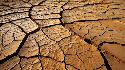 Close-up of cracked earth in a desert, with intricate patterns and lines formed by the dry, sunbaked ground.
