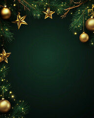 A glamorous Christmas background with a dark green background and decorations for the holidays, Christmas tree branches, golden stars, christmas decorations, pine coans 