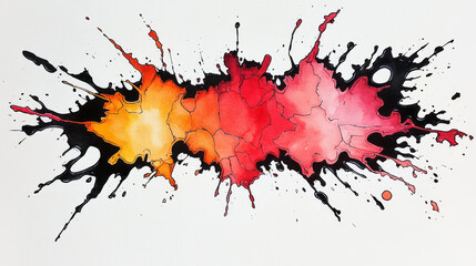 Abstract watercolor painting with splashes of black, red, and orange paint.