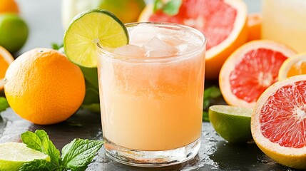 A citrus blend of grapefruit, lime, and orange juice, glowing with bright, natural energy, sitting on a slate table, surrounded by freshly picked fruits.