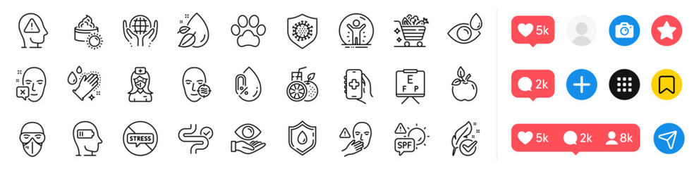 Hypoallergenic tested, Nurse and Coronavirus line icons pack. Social media icons. Dog paw, Mental health, Recovered person web icon. Health eye, Vision board, Eye drops pictogram. Vector