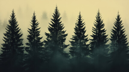 Obraz premium Silhouetted pine trees stand tall in a thick fog, creating an eerie and atmospheric scene.