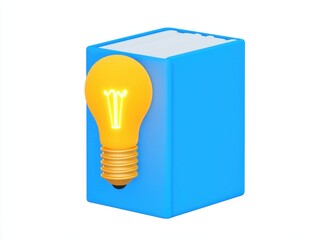 A bright yellow light bulb is attached to a blue cube, symbolizing ideas, creativity, and innovation.