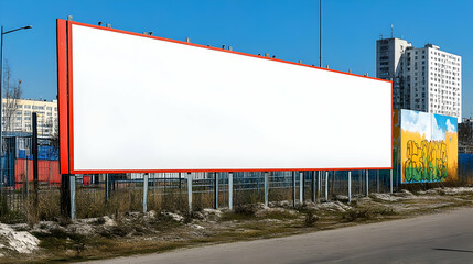 Blank Billboard with Red Frame Stands Tall Against a Blue Sky,  Ready for an Advertising Message in an Urban Setting