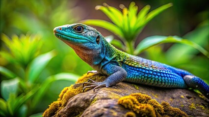Fototapeta premium Vibrant Bluebelly Lizard Resting on a Rock in Natural Habitat Surrounded by Green Vegetation