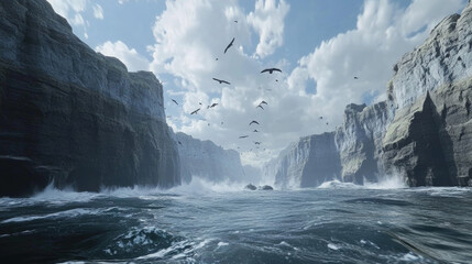 Majestic Coastal Scene: Waves, Cliffs, and Flying Birds Under the Vast Sky Captured in a Stunning Natural Setting
