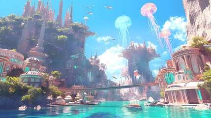 Coastal village nestled amongst lush greenery, with quaint buildings and sailing ships in a turquoise bay.  scene, perfect for fantasy, travel, themes.