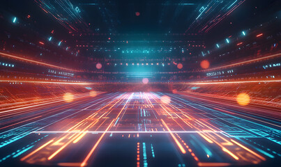 Dynamic Neon Football Action with Futuristic Geometric Patterns and Vibrant Light Trails for High-Energy Sports Advertising Backgrounds