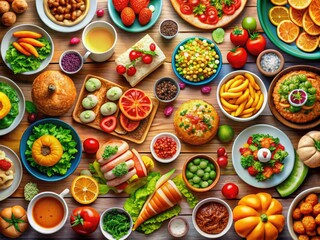 Vibrant cartoon food assortment showcasing delightful dishes, tasty snacks, and refreshing beverages, perfect for creating playful and engaging design concepts. Fun and creative food illustrations awa