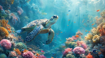 Fototapeta premium Serene Sea Turtle Swimming Through Vibrant Coral Reef