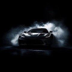 Black sports car on a black background in the center. Smoke and spotlights