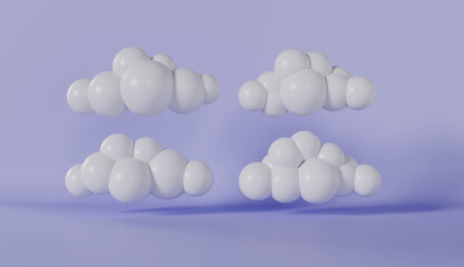 Collection of 3d white clouds isolated on purple background