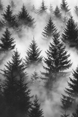 Obraz premium Black and white style of misty pine trees in a foggy forest, with a simple composition