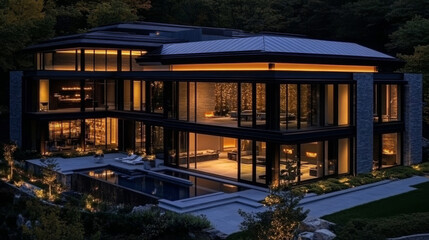 Fototapeta premium Modern home with a pool and a large deck illuminated at night.
