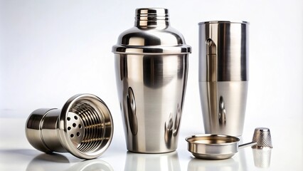 Panoramic metal cocktail shaker in disassembled form isolated on white background