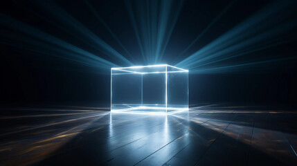 A Minimalistic Cube Of Holographic Light Beams In The Empty Room, Casting Neon Glow Into The Dark Space With Clean And Futuristic Illumination. 